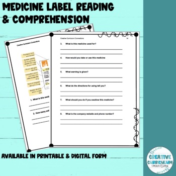 Preview of Medicine Label Functional Reading and Comprehension Worksheets Packet
