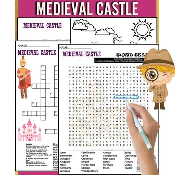 Preview of Medieval Castle Fun Worksheets , Word Search,Crossword & Coloring Page