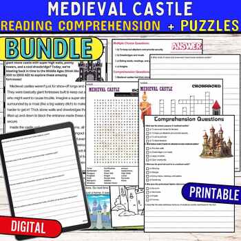 Preview of Medieval Castles Reading Comprehension Passage,PUZZLES,Quiz,DIGITAL. BUNDLE
