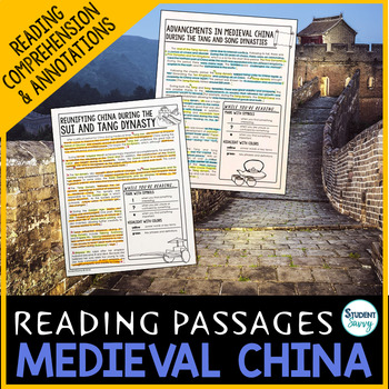 Preview of Medieval China Reading Passages Comprehension Questions Middle Ages Dynasties