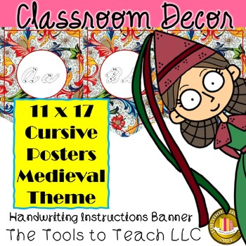 Preview of Medieval Theme Cursive Handwriting Instructions Letters A to Z Banner No Prep