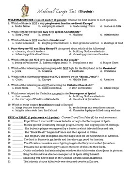 Preview of Medieval Europe Test & Answer Key