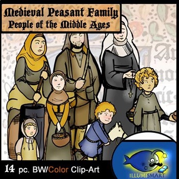 Preview of Medieval Peasant Family Clip-Art! 14 Pieces BW/Color