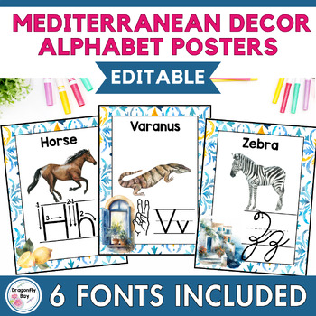 Preview of Mediterranean Alphabet Classroom Decor Posters in 6 Fonts EDITABLE