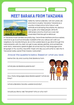 Preview of Meet Baraka from Tanzania Comprehension worksheet