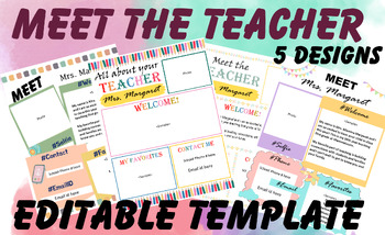Preview of Meet The Teacher Editable Template - All About Your Teacher Template ( 5 Designs
