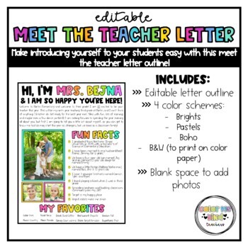 Preview of Meet The Teacher Letter // EDITABLE // Brights, Pastels, Boho/Neutrals, & B/W