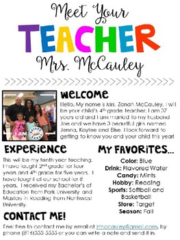 Meet The Teacher Editable Template by Zanah McCauley | TpT