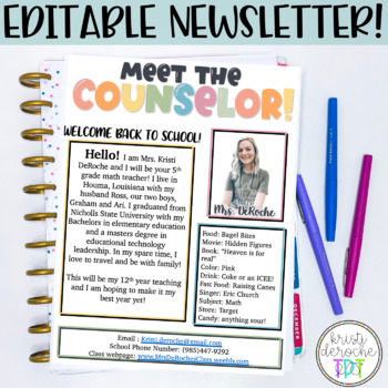 Meet the Counselor Newsletter Template EDITABLE by Kristi DeRoche
