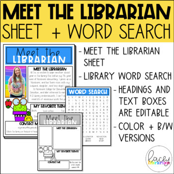 Preview of Meet the Librarian Sheet + Library Word Search FREEBIE