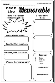 Preview of Meet the Memorable - Short Biography Worksheet - Research - History - Nonfiction