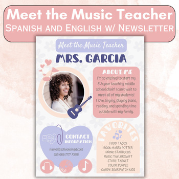 Preview of Meet the Music Teacher, Music Class Newsletter, Back to School bilingual Spanish