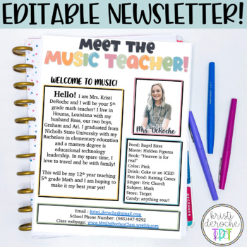 Preview of Meet the Music Teacher Newsletter - EDITABLE - Bright Stripes