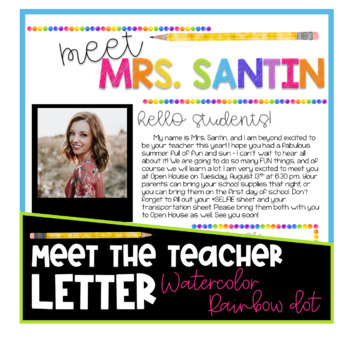 Preview of Meet the Teacher Letter - Watercolor Rainbow Dot EDITABLE