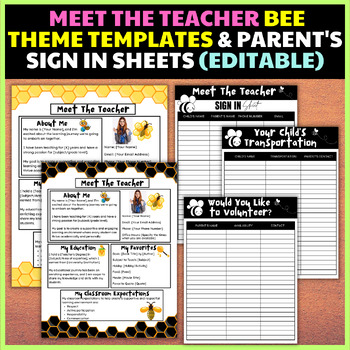 Preview of Meet the Teacher Night Bee Theme|Open House Parents Sign in Sheets|Editable