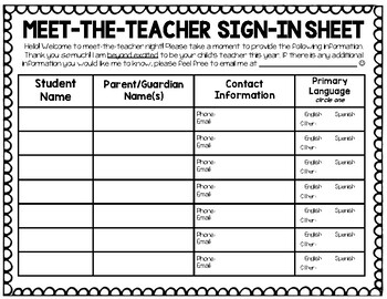 Preview of Meet the Teacher Night Sign-In Sheet