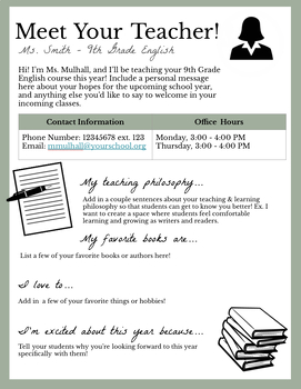 Preview of Meet the Teacher “One-Pager” - Secondary English/ELA Template