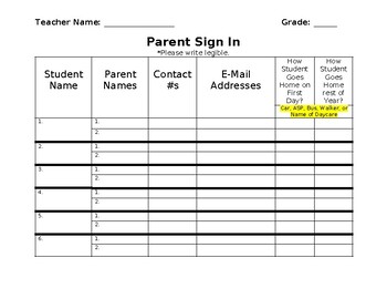 Preview of Meet the Teacher - Parent Sign In sheet