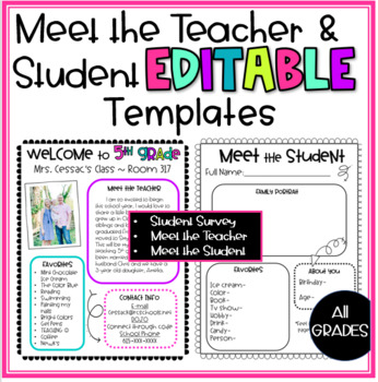 Meet the Teacher Student EDITABLE Templates by MrsCessac5th TPT