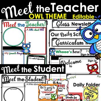 Preview of Meet the Teacher & Student Template OWL THEME Back to School