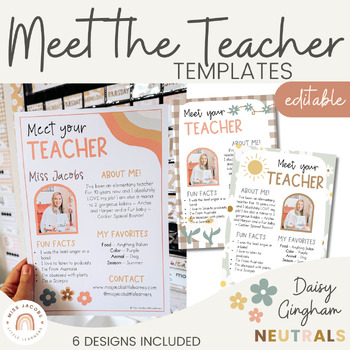 Preview of Meet the Teacher Templates | Daisy Gingham Neutrals Classroom Decor