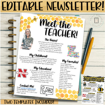 Preview of Meet the Teacher Newsletter Template EDITABLE- Bee - Black and Yellow Themed