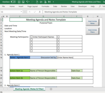 Preview of Meeting Agenda Template with Notes and Filters (macro-enabled Excel file)