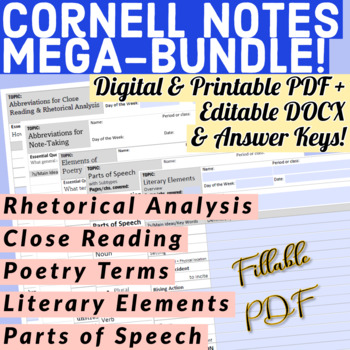 Preview of Mega-English CORNELL NOTES Bundle! Scaffolded w/ answer keys; PDF & DOCX!!