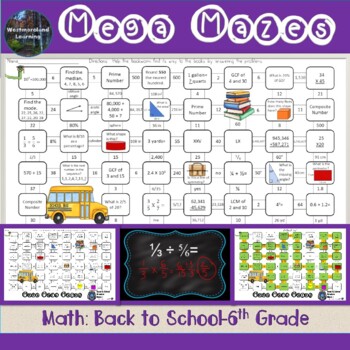 Preview of Mega Math Mazes Back To School 6th Grade Printable & Digital Google Slides