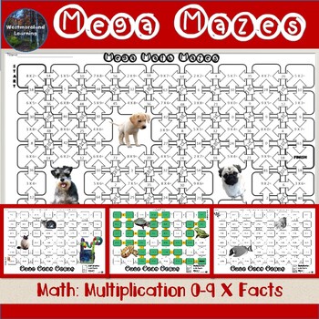 Preview of Mega Math Mazes Multiplication 0-9 X Tables Puzzles Printable & Digital Pet Pack