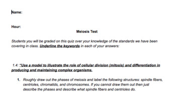 Preview of Meiosis Unit Standard Based "A" Test