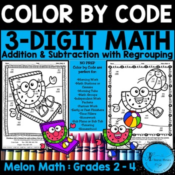 Color By Number Melon Math ~ 3 Digit Addition & Subtraction With Regrouping
