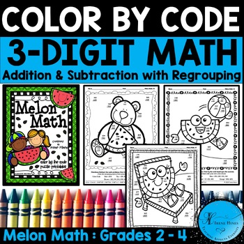 Preview of Color By Number Code Math Worksheets: 3 Digit Addition & Subtraction Regrouping