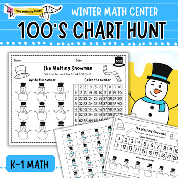 Preview of Melting Snowman Number Hunt! 100s Chart Winter Math Game | Writing to 120 Center