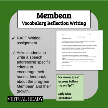 Preview of Membean | Any Vocabulary Program | Reflection writing assignment