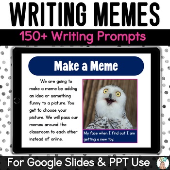 Preview of Meme Writing Prompt Captions Ice Breaker Activity Google Slides Digital Resource