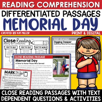 Preview of Memorial Day Activities Close Reading Comprehension Passages Differentiated