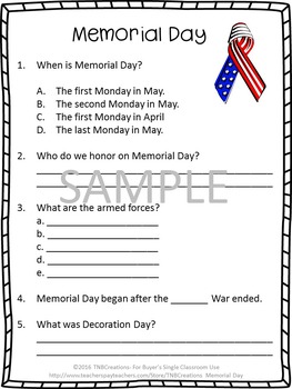 memorial day reading comprehension worksheets by tnbcreations tpt