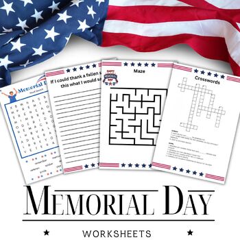 Preview of Memorial Day Activities Worksheets Veterans Reading Writing Maze Crosswords