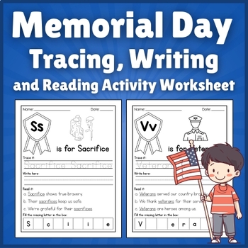 Preview of Memorial Day Activity Worksheets: Memorial Day Tracing, Writing and Reading
