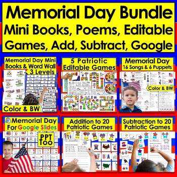 Preview of Memorial Day BUNDLE 6 Items Math & Literacy K/1 w/ Google Slides & PPT