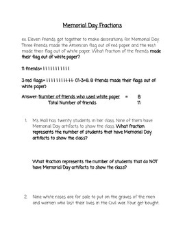 Preview of Memorial Day Basic Fraction Word Problems