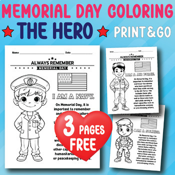 Preview of Memorial Day Coloring Pages and Reading The Hero Kids have to know FREEBIE