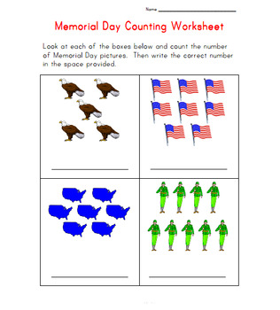 memorial day counting worksheet by kindie land resources tpt