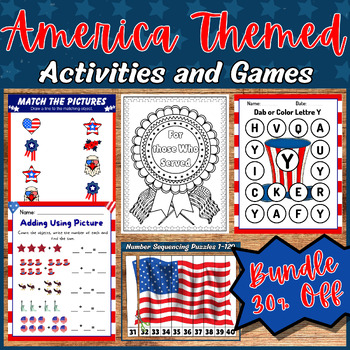 Preview of US Holidays Memorial Day Activities & Games BUNDLE: Numbers, Sequencing & More!