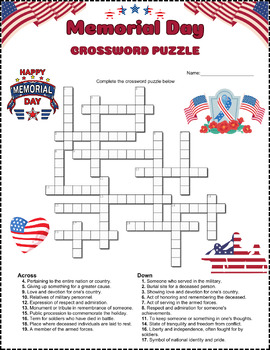 Preview of Memorial Day Crossword Puzzle Activity Worksheet Game Color & B/W⭐No Prep⭐