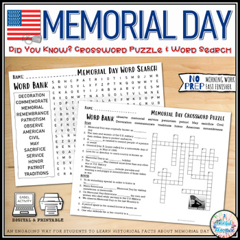 Preview of Memorial Day Crossword and Word Search Activity {Digital & Printable Resource}