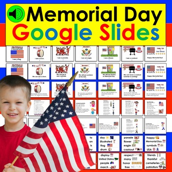 Preview of Memorial Day Google Slides Digital Presentation with Animated Voca PDF w/ Link