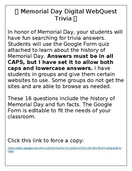 Preview of Memorial Day Digital WebQuest Trivia Google Form