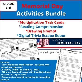 Preview of Memorial Day End of Year Bundle ELA Comp MATH task cards DIGITAL trivia escape